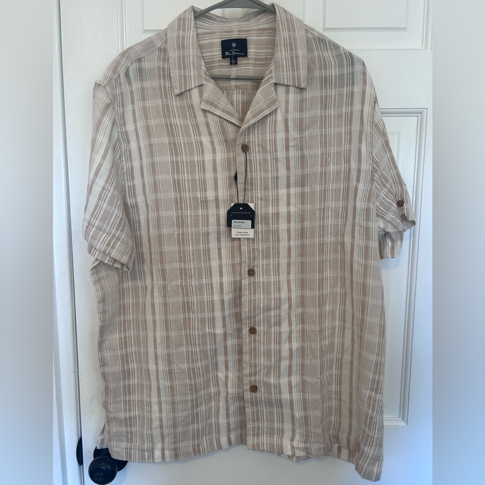 Ben Sherman Linen Beige Plaid Casual Button Down Shirt